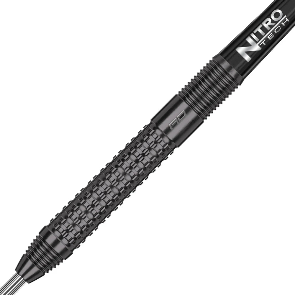 Close-up angled shot of 90% tungsten dart barrel showing milled grip texture and engraved detail for precision
