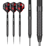 Set of three 90% tungsten darts with black milled grip barrels, close-up showing precision grip pattern, isolated on white background
