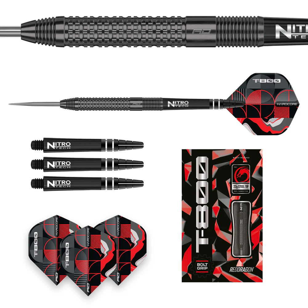 T-800 tungsten darts set featuring close-up barrel grip, full dart side view, spare shafts, flights, and retail packaging on white background
