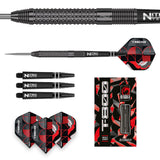 T-800 tungsten darts set featuring close-up barrel grip, full dart side view, spare shafts, flights, and retail packaging on white background