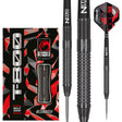 Steel tip tungsten darts set with box, close-up on milled barrel grip, visible T-800 flights, 90% tungsten darts equipment