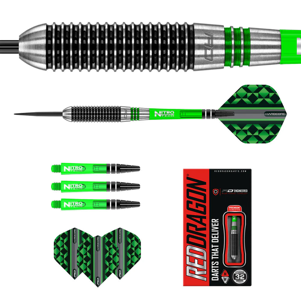 Tungsten darts set with close-up barrel grip, full dart profile, green shafts, extra flights, and retail box on white background