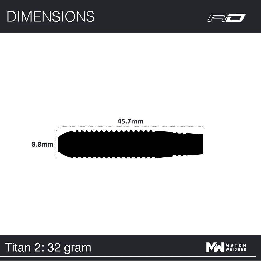 Technical diagram of Titan 2 85% tungsten dart barrel with length and diameter dimensions labeled for 32 gram weight