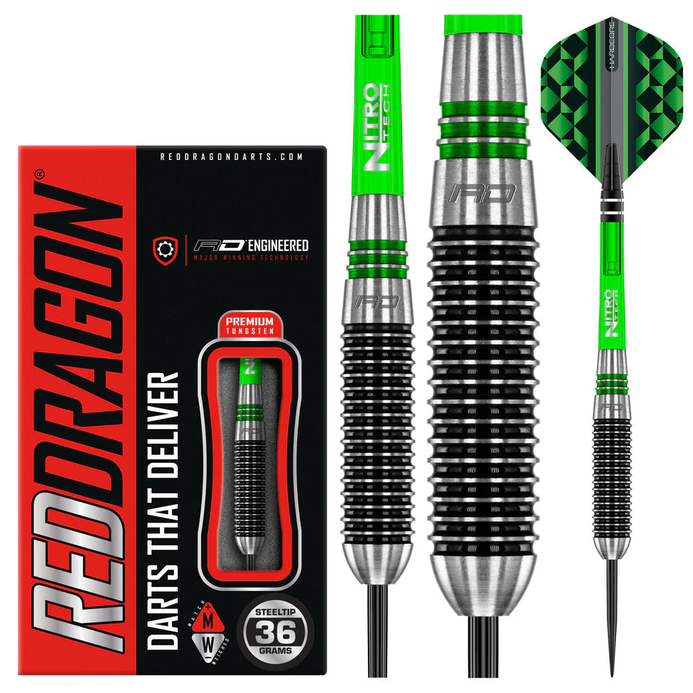 Steel tip tungsten darts with black grooved barrels, green Nitro Tech shafts, geometric flights, and retail box packaging
