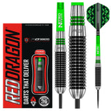 Steel tip tungsten darts with black grooved barrels, green Nitro Tech shafts, geometric flights, and retail box packaging