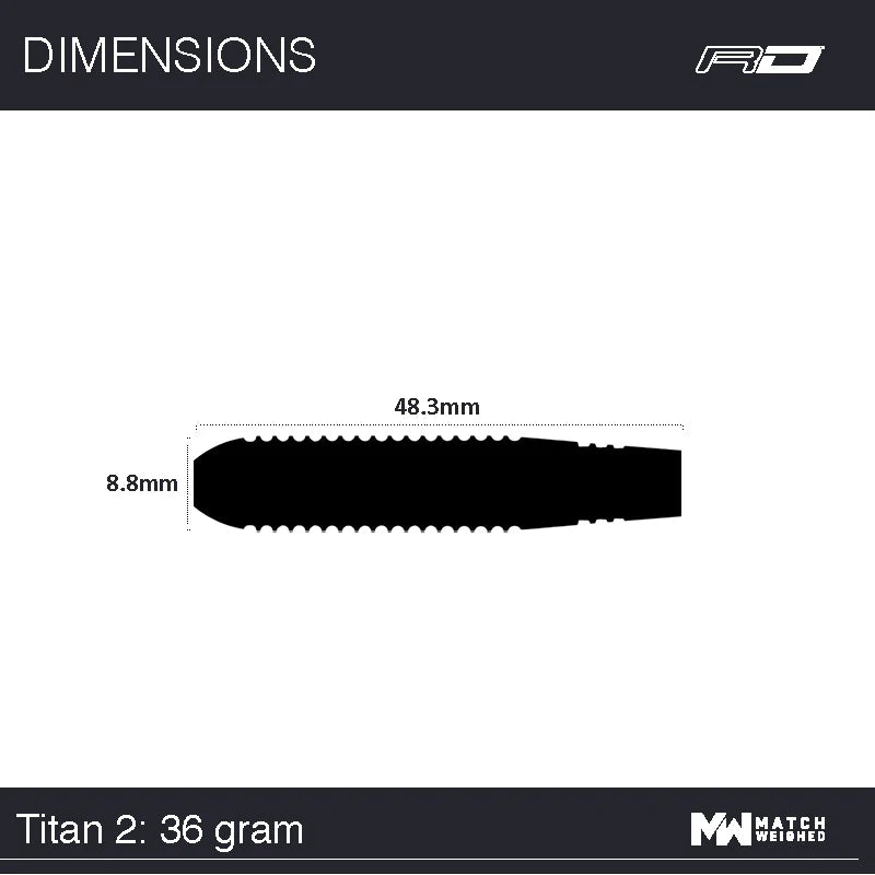 Titan 2 tungsten dart barrel side profile showing 48.3mm length and 8.8mm diameter for scale reference