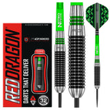 Steel tip tungsten dart set with packaging, close-up of black ringed barrel grip, green nitro tech shaft, and patterned flight