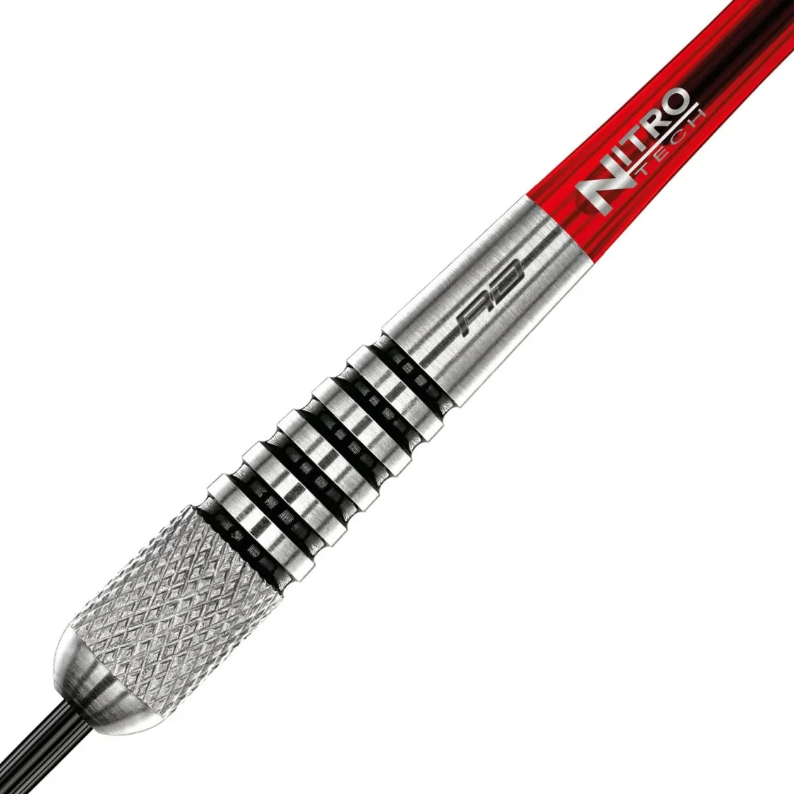 Close-up angled view of 90% tungsten dart barrel with knurled grip, ringed grooves, and red Nitro Tech shaft, isolated on white background.
