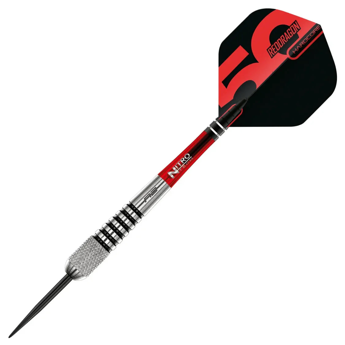 Angled full view tungsten dart with knurled grip barrel, red shaft, and black flight on white background