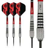 Three 90% tungsten darts displayed with close-up on barrel knurling and grip texture, isolated on white, highlighting tapered torpedo design.
