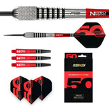 Full view tungsten dart with knurled grip, close-up barrel detail, extra red shafts, spare flights, and 50th anniversary packaging on white
