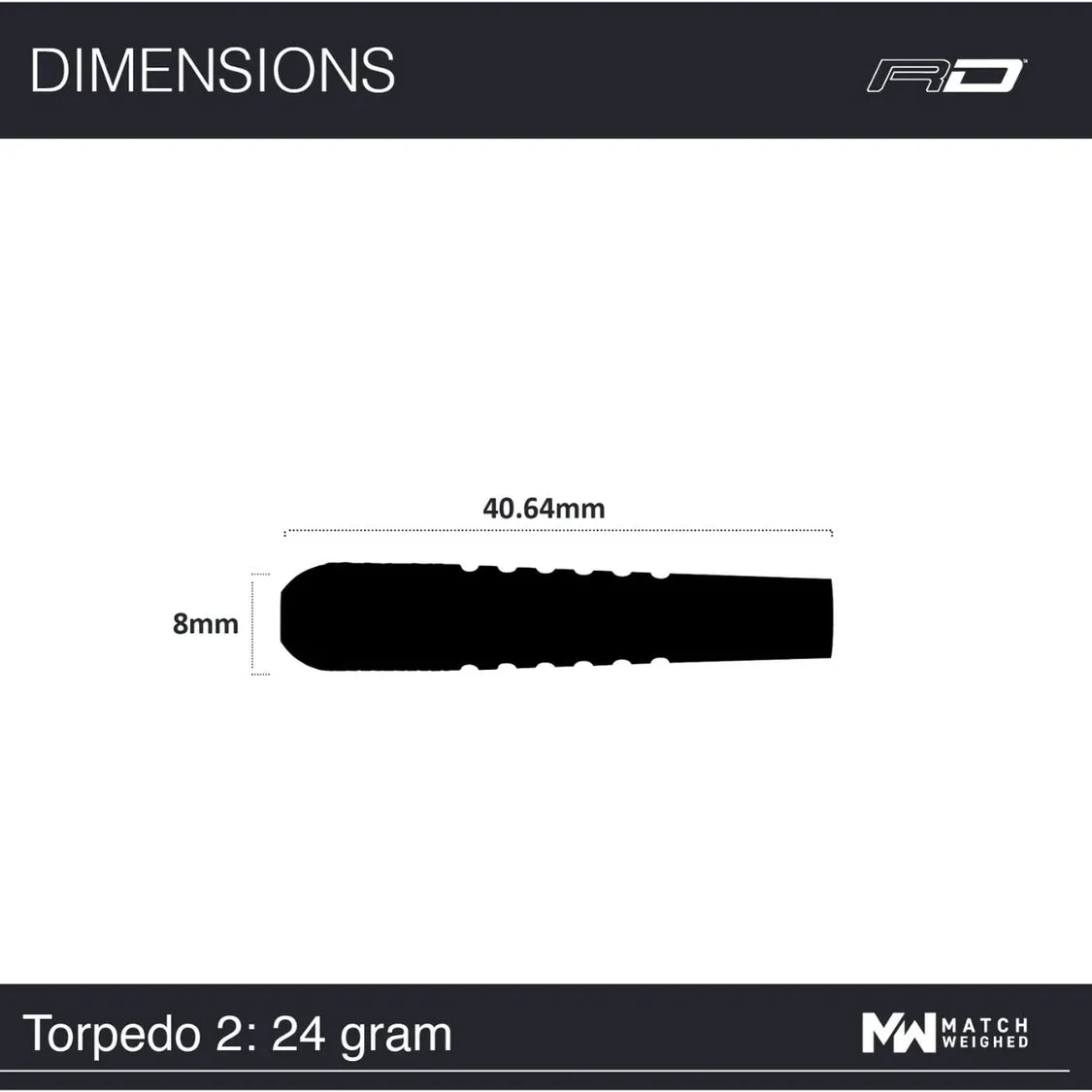 Dart barrel side silhouette on white background with 40.64mm length and 8mm width measurements, details for tungsten darts buyers