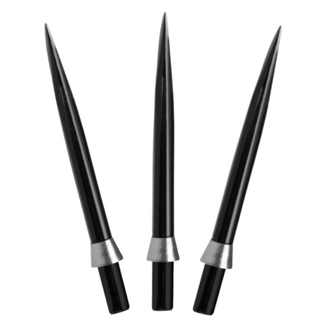 Three black steel dart points with silver collars arranged upright on white background, showing conical tip design