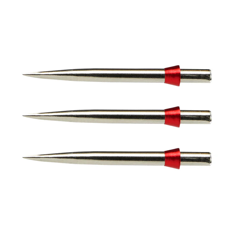 Three silver dart points with red collars arranged side by side on white background, showing conical tips and point detail for dartboards