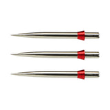 Three silver dart points with red collars arranged side by side on white background, showing conical tips and point detail for dartboards