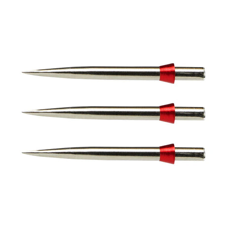 Three silver dart points with red collars arranged side by side on white background, showing conical tips and point detail for dartboards