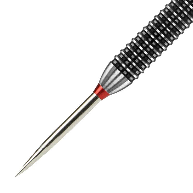 Close-up of Trident Silver dart point with precision tip, conical silver section, and textured dart barrel, isolated on white background