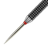 Close-up of Trident Silver dart point with precision tip, conical silver section, and textured dart barrel, isolated on white background