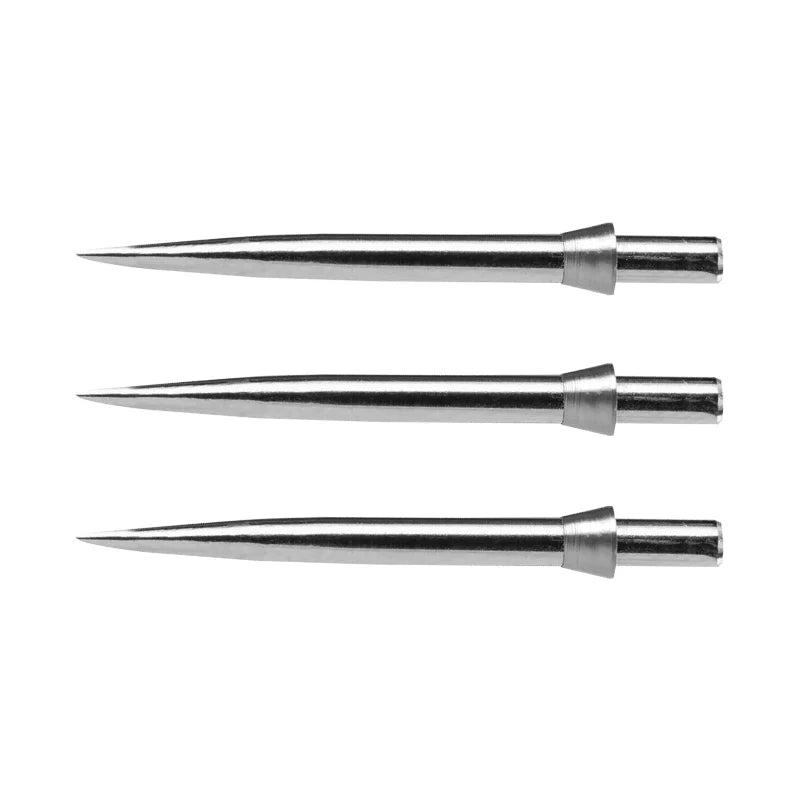 Three silver dart points in full view, conical steel tips aligned horizontally, isolated on white background for precision dart equipment