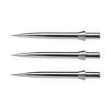 Three silver dart points in full view, conical steel tips aligned horizontally, isolated on white background for precision dart equipment