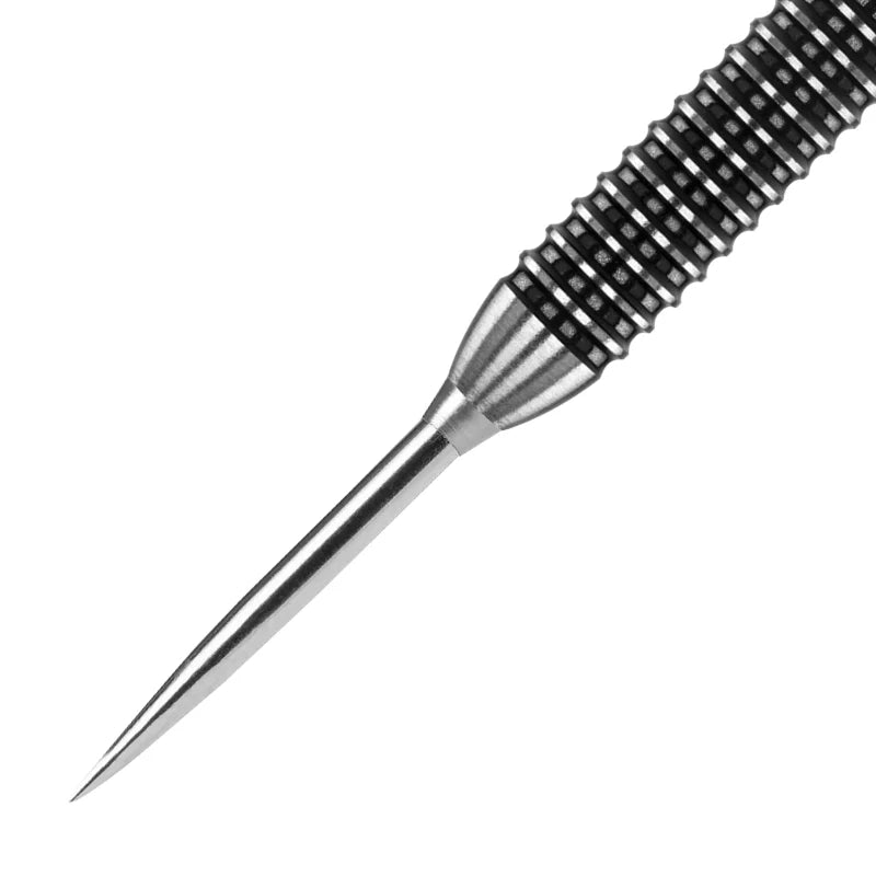 Close-up angled view of silver dart point with ribbed barrel grip, sharp tip and precision conical design on white background