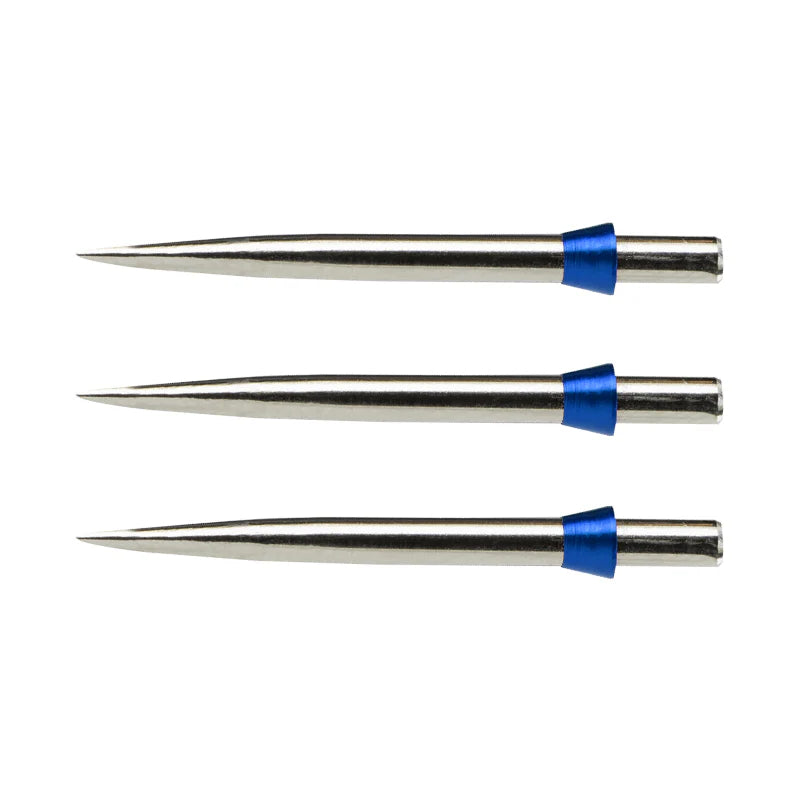Three silver dart points with blue collars displayed side by side on white background for replacement or upgrade