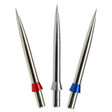 Three silver dart points with red, silver, and blue rings shown full view on white background for steel tip dart accessory buyers