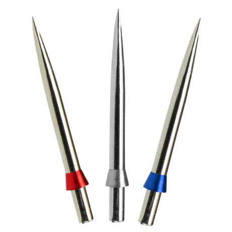 Three silver dart points with red, silver, and blue rings shown full view on white background for steel tip dart accessory buyers