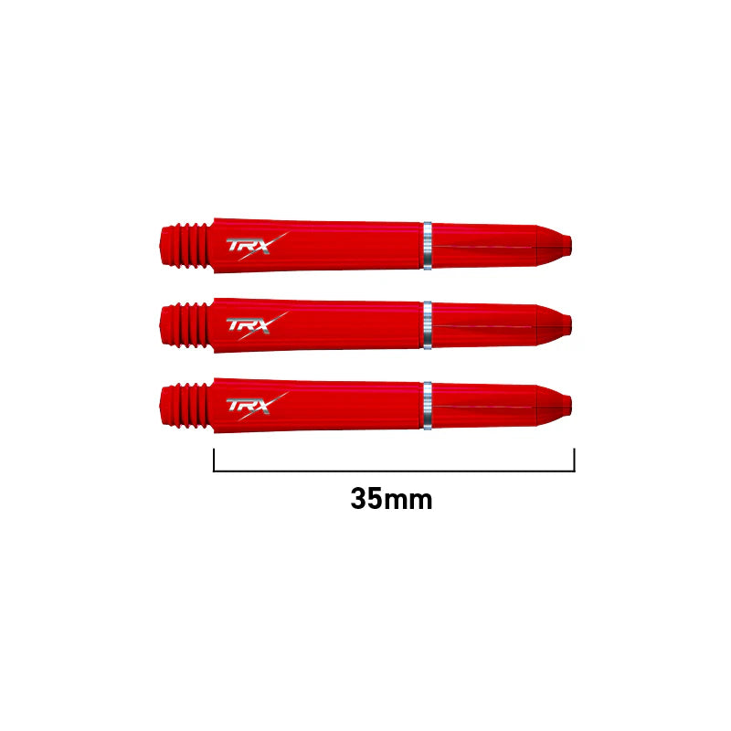 Set of three red TRX dart shafts 35mm length, side view, isolated on white, showing ribbed grip and silver ring detail