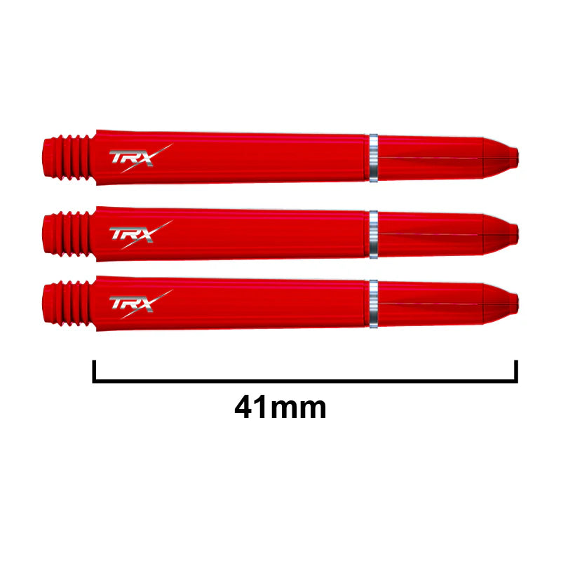 Three red TRX dart shafts aligned horizontally, isolated on white with 41mm length scale, showing grip detail and silver ring accent