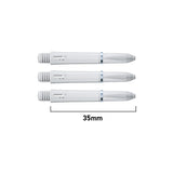 Three white TRX dart shafts aligned on white background with 35mm length scale, showing thread and grip detail for dart setup
