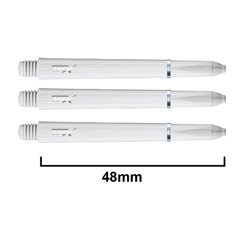 Top-down view of three 48mm dart shafts with TRX logo, white color, threaded ends, isolated on white background with length scale