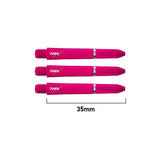 Top-down view of three pink TRX dart shafts, 35mm length, aligned on white background with grip detail and measurement scale