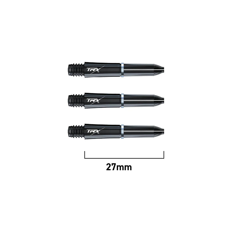 Set of three black TRX dart shafts displayed on white background with 27mm length scale, showing detailed barrel grip and logo.
