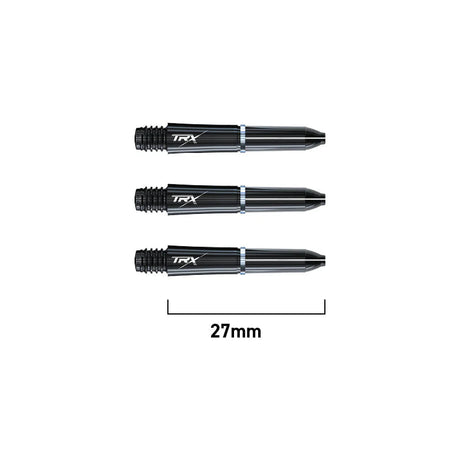 Set of three black TRX dart shafts displayed on white background with 27mm length scale, showing detailed barrel grip and logo.