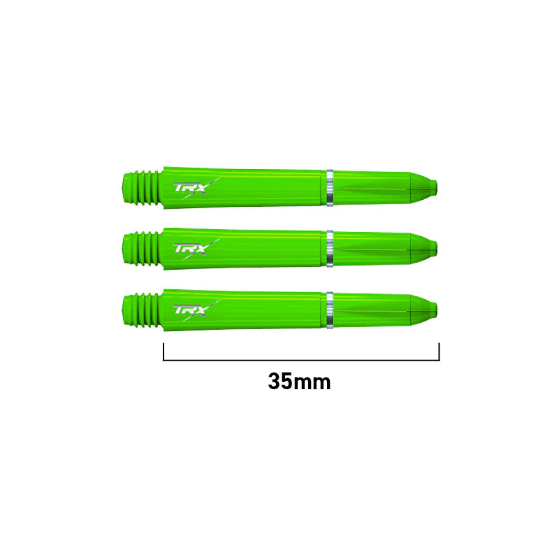 Three green TRX dart shafts 35mm long aligned on white background, showing threaded grip ends and length scale for dart stem buyers