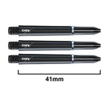 Three TRX dart shafts aligned horizontally, 41mm length shown, featuring threaded grip and black finish on white background