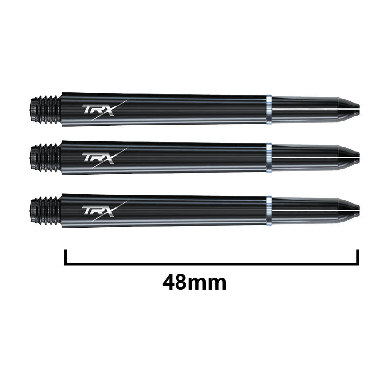 Three black TRX dart shafts aligned with 48mm length scale, isolated on white, highlighting medium stem size and threaded tips