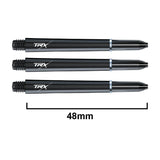 Three black TRX dart shafts aligned with 48mm length scale, isolated on white, highlighting medium stem size and threaded tips