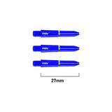 Three blue TRX dart shafts, top-down view on white background, 27mm length shown for size reference, threaded grip and logo visible