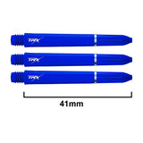 Three blue TRX dart shafts aligned on white background with 41mm length measurement for size reference