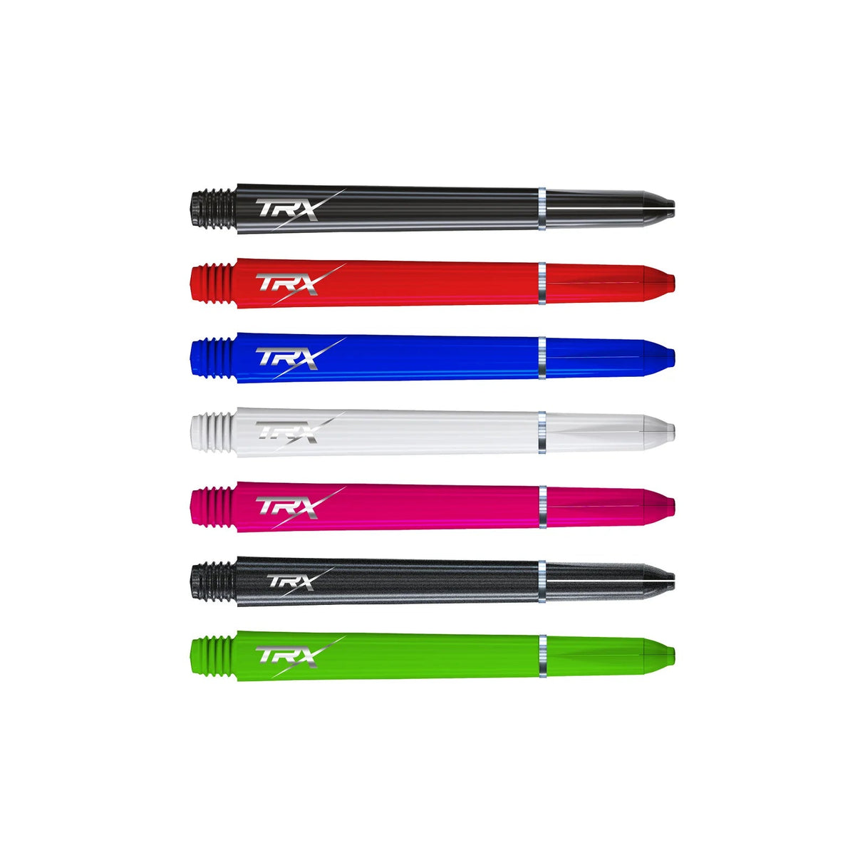 TRX dart shafts in six colors, top-down view, threaded stems isolated on white background for dart setup comparison.