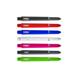 TRX dart shafts in six colors, top-down view, threaded stems isolated on white background for dart setup comparison.