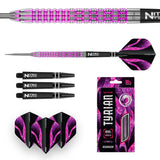 Purple 90% tungsten darts set with detailed grip barrel close-up, full assembled dart, flights, shafts, and Tyrian packaging on white