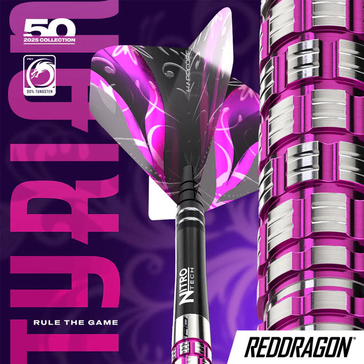 Macro close-up of Tyrian 90% tungsten dart barrel grip with purple ringed design and vibrant purple flight, perfect for dart players