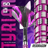 Macro close-up of Tyrian 90% tungsten dart barrel grip with purple ringed design and vibrant purple flight, perfect for dart players