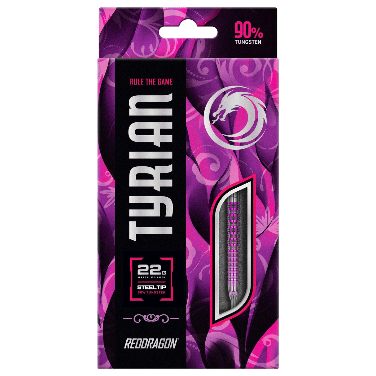 Tyrian 90% tungsten steel tip darts in retail packaging with purple design, dart barrel grip visible through display window, 22g weight