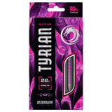 Tyrian 90% tungsten steel tip darts in retail packaging with purple design, dart barrel grip visible through display window, 22g weight