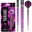 Tyrian 90% tungsten darts full set with purple packaging, close-up of precision grip barrel, steel tips, and matching flights