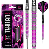 Tyrian 90% tungsten darts full set with purple packaging, close-up of precision grip barrel, steel tips, and matching flights